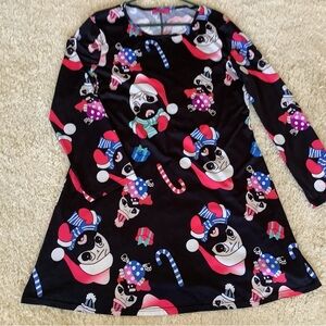 Festive Pug Print Long Sleeve Dress Sz XXL also fits L